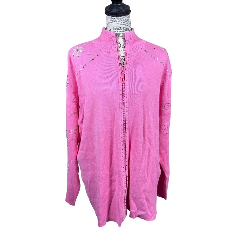 Quacker‎ Factory Pink Rhinestone Zip-Up Cardigan